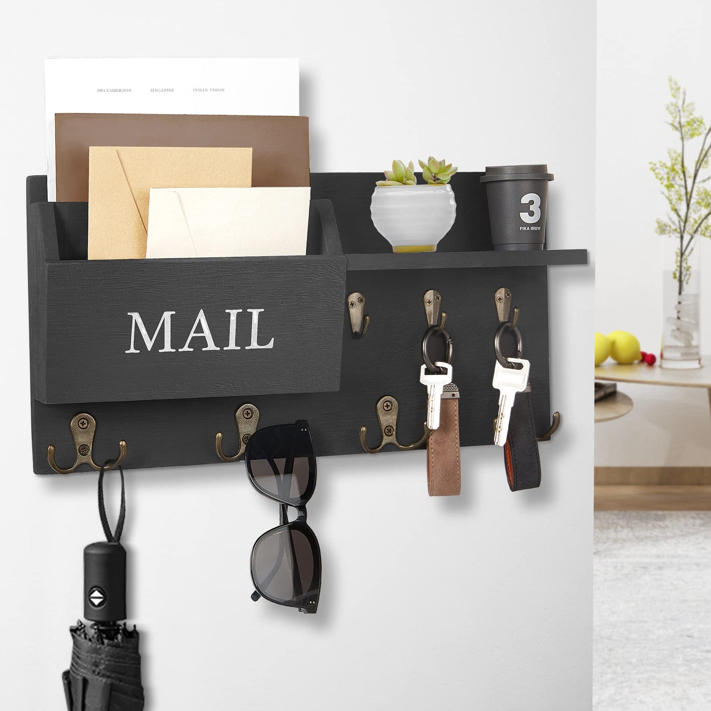 Key Holder for Wall, Mail and Key Hanger Wall Mount with Double Key Hook and Hat Coat Rack Shelf