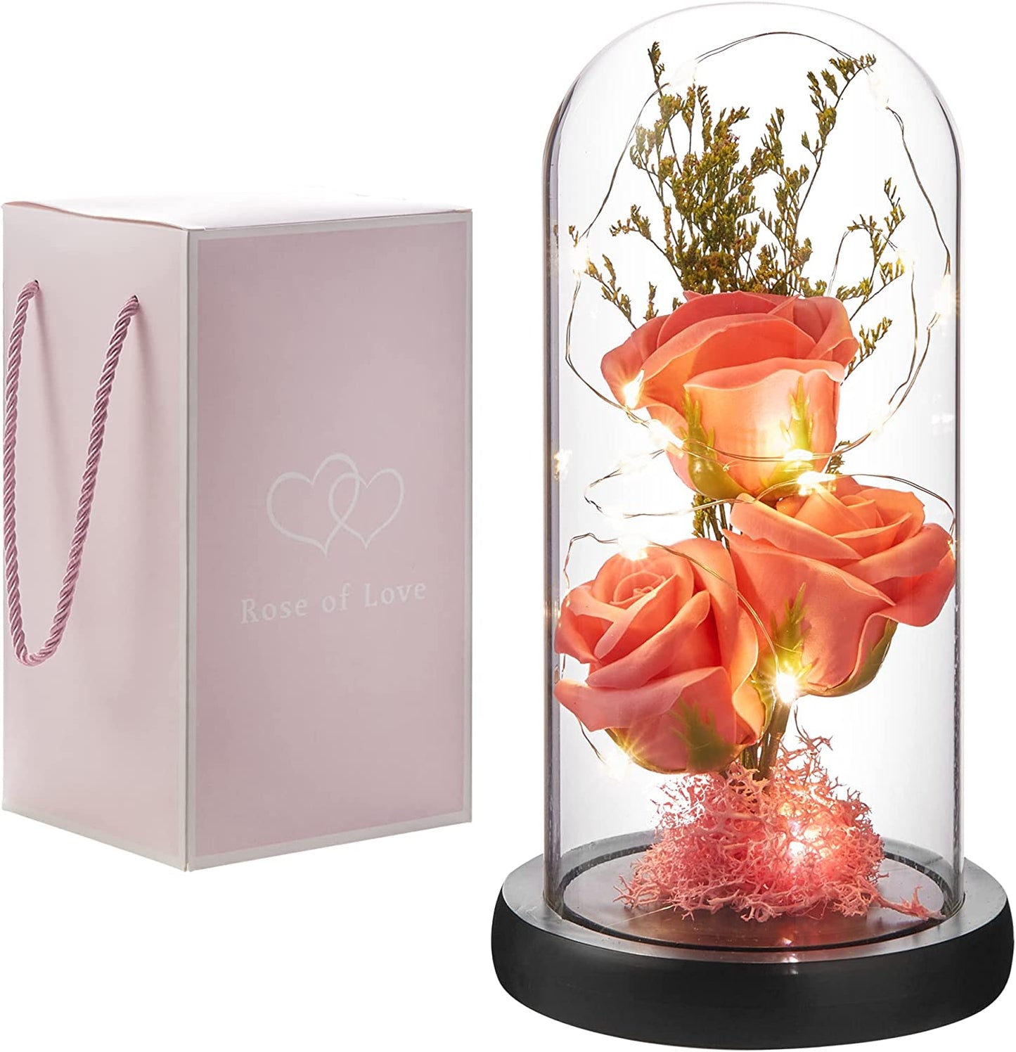 Preserved Flower Gift, Light Up Rose in Glass Dome, Eternal Forever, Rose Pink