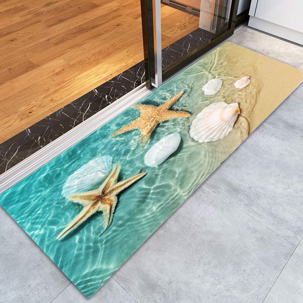 Non Slip Bath Rugs Sponge Foam for Bathroom,Durable Flannel Mat Bright 3D Print, Beach Starfish Scallop Decoration