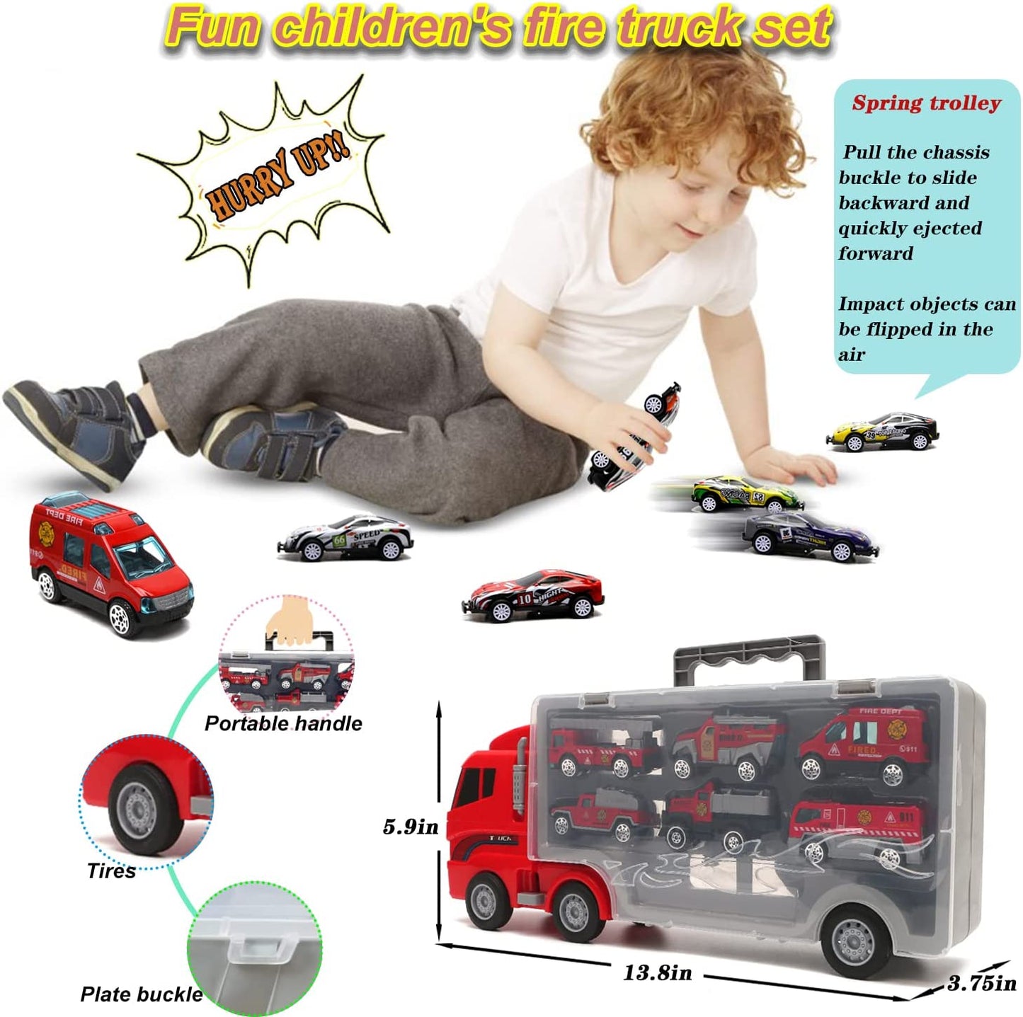 Kids Red Toys Car for Boys Truck 13 in 1 Large Transport Cars Carrier Set