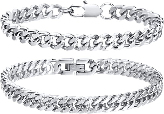 2Pcs Cuban Link Chain Bracelet- Sturdy Stainless Steel Curb Width for Men 7.4/8.2/9in, Silver