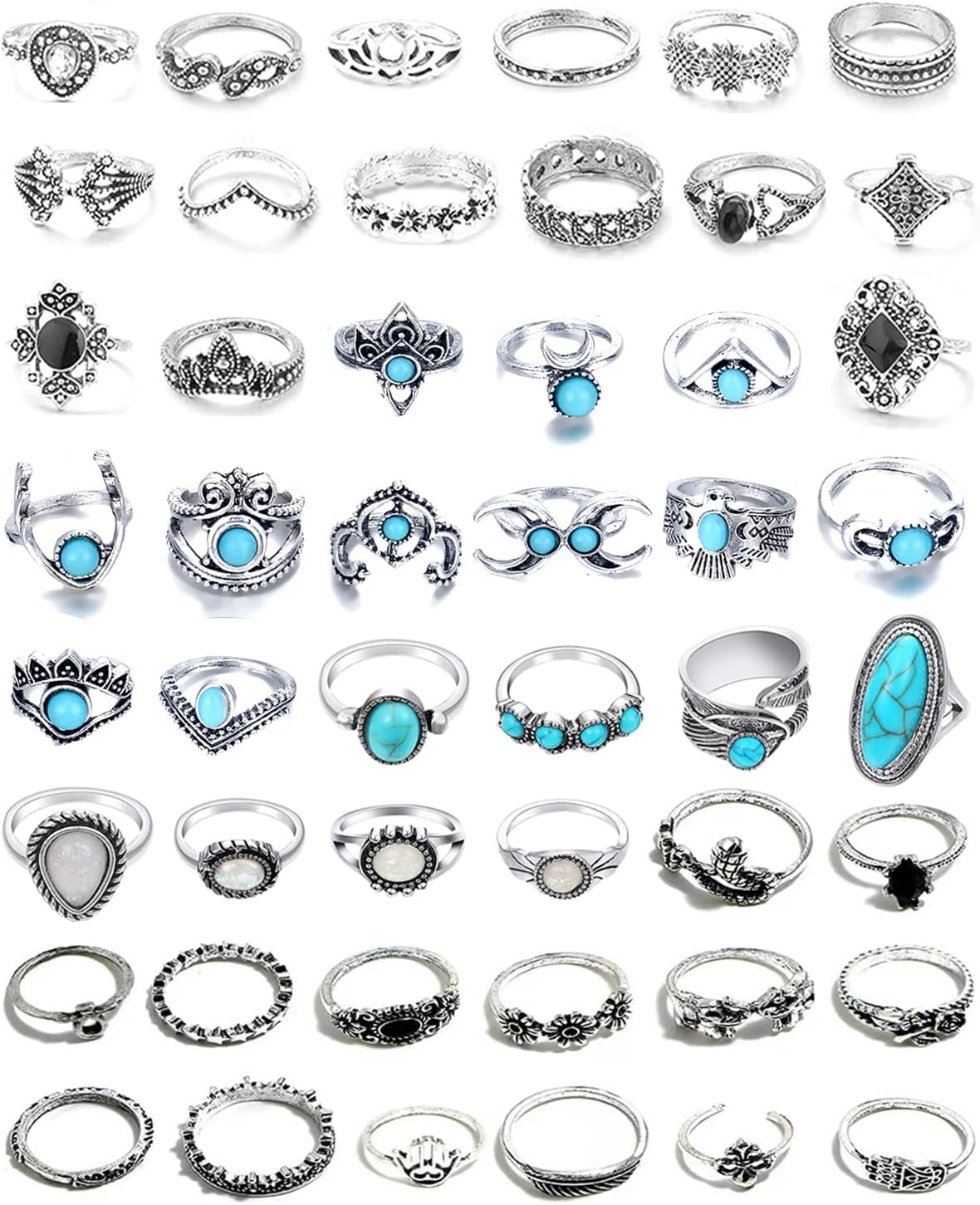 48-Piece Boho Turquoise Ring Set – Vintage Silver Knuckle & Stacking Rings, Western Style Oval Gemstone Jewelry for Women, Bohemian Midi Rings Collection