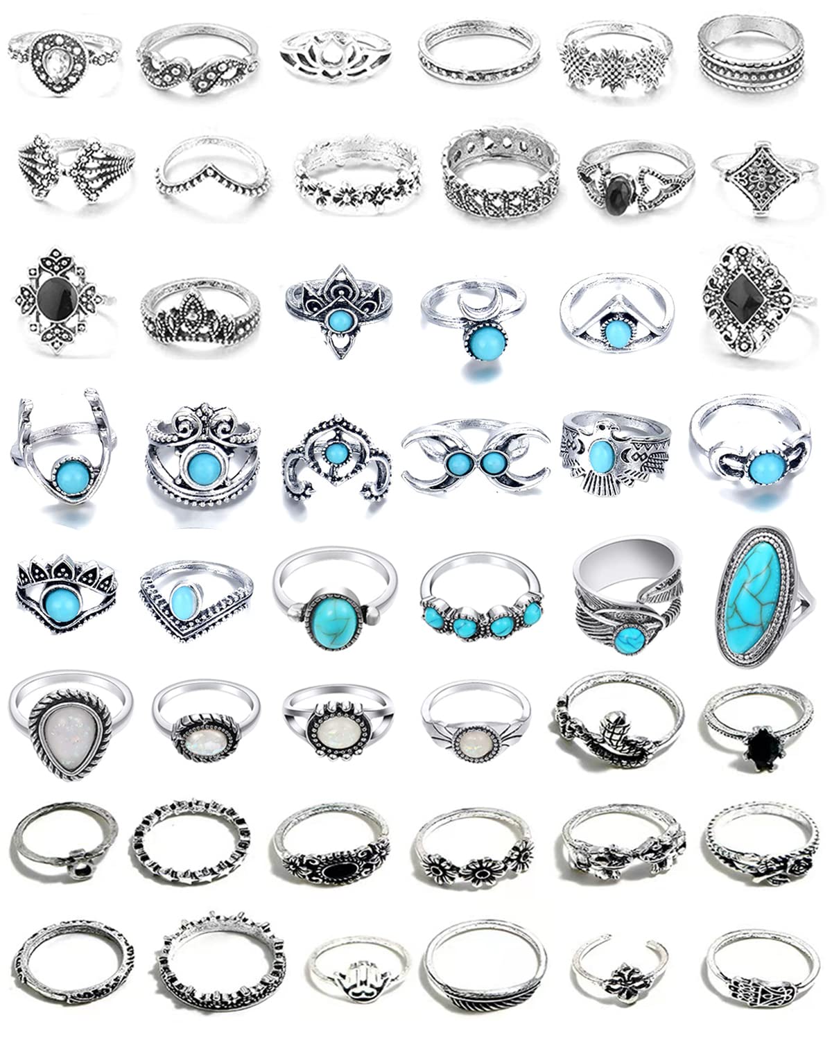 48-Piece Boho Turquoise Ring Set – Vintage Silver Knuckle & Stacking Rings, Western Style Oval Gemstone Jewelry for Women, Bohemian Midi Rings Collection