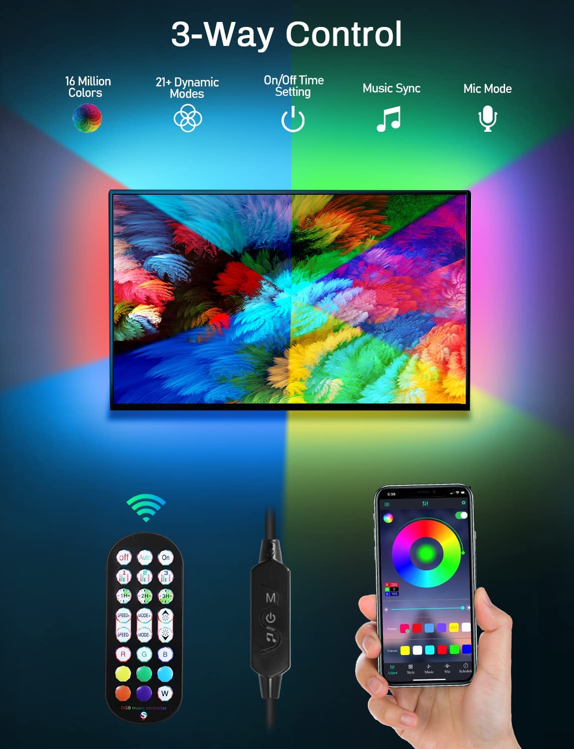 LED Lights for TV Led Backlight, 13.1ft RGB, for 45-60in TV w/ Bluetooth Smart App Remote