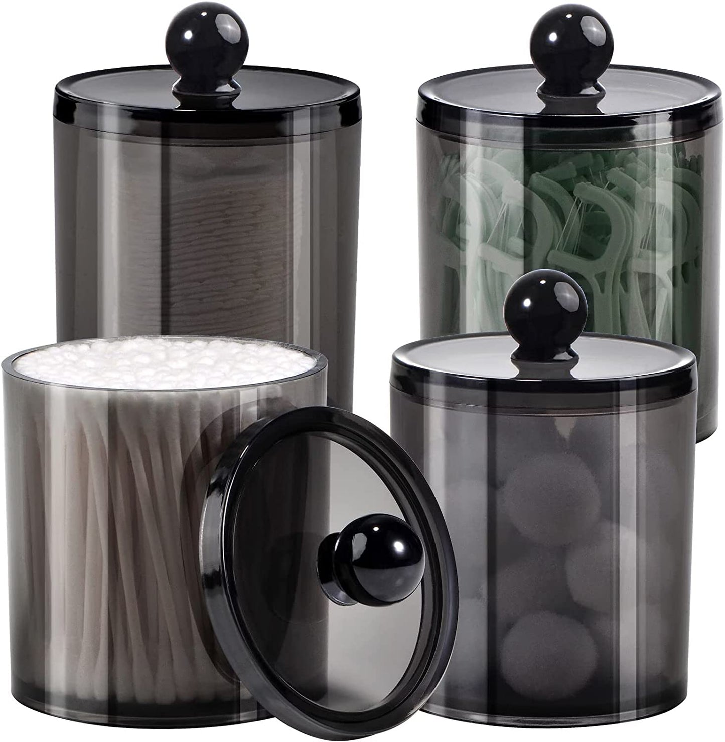 4 Pack Plastic Acrylic Bathroom Vanity Canister Jars w/ Storage Lid (Black, 15 Oz)