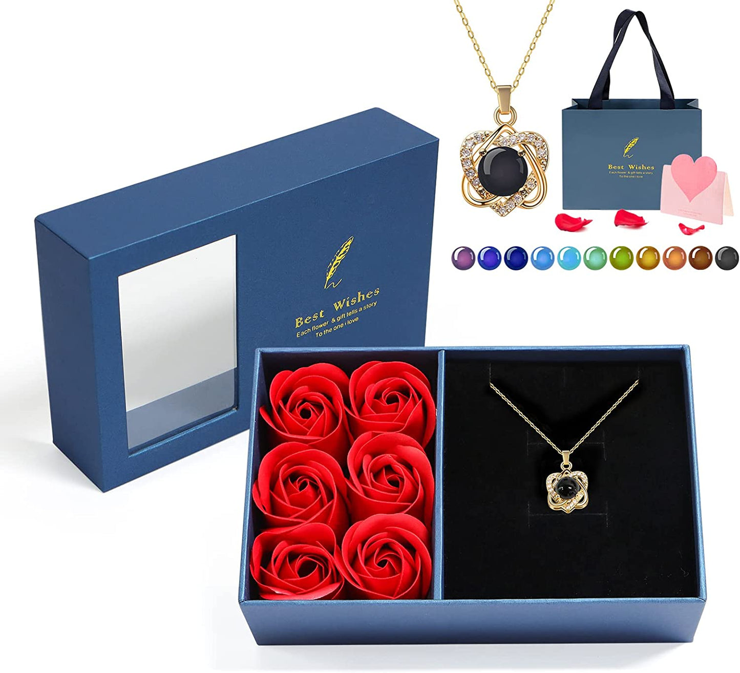 Preserved Rose w/ Necklace Changing Color Temperature Sense, Romantic for Her/Mother's Day Gift