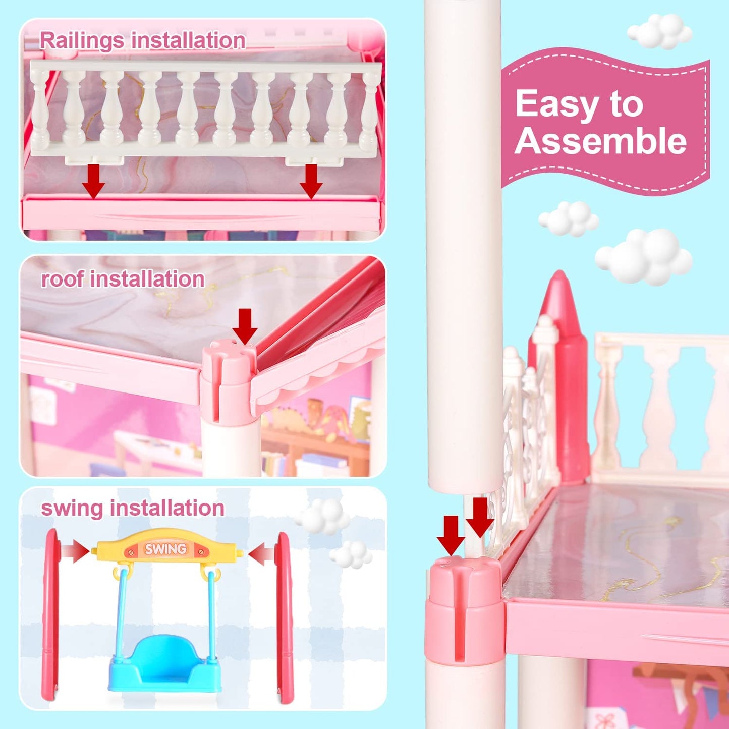 Dollhouse Dream House with 6 Dolls, Pink Doll House Playset Toy with Accessories and Furnitures