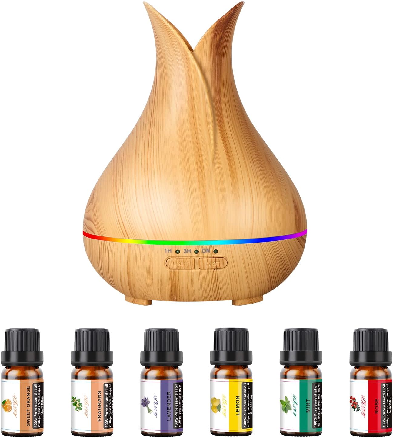 Essential Oil Diffuser with 6 Essential Oils Set, 150ml Small Cute Aroma Diffuser with 15 Color LED Light&3 Times, Ultra-Quiet Aromatherapy Diffusers for Home Bedroom(Wood)