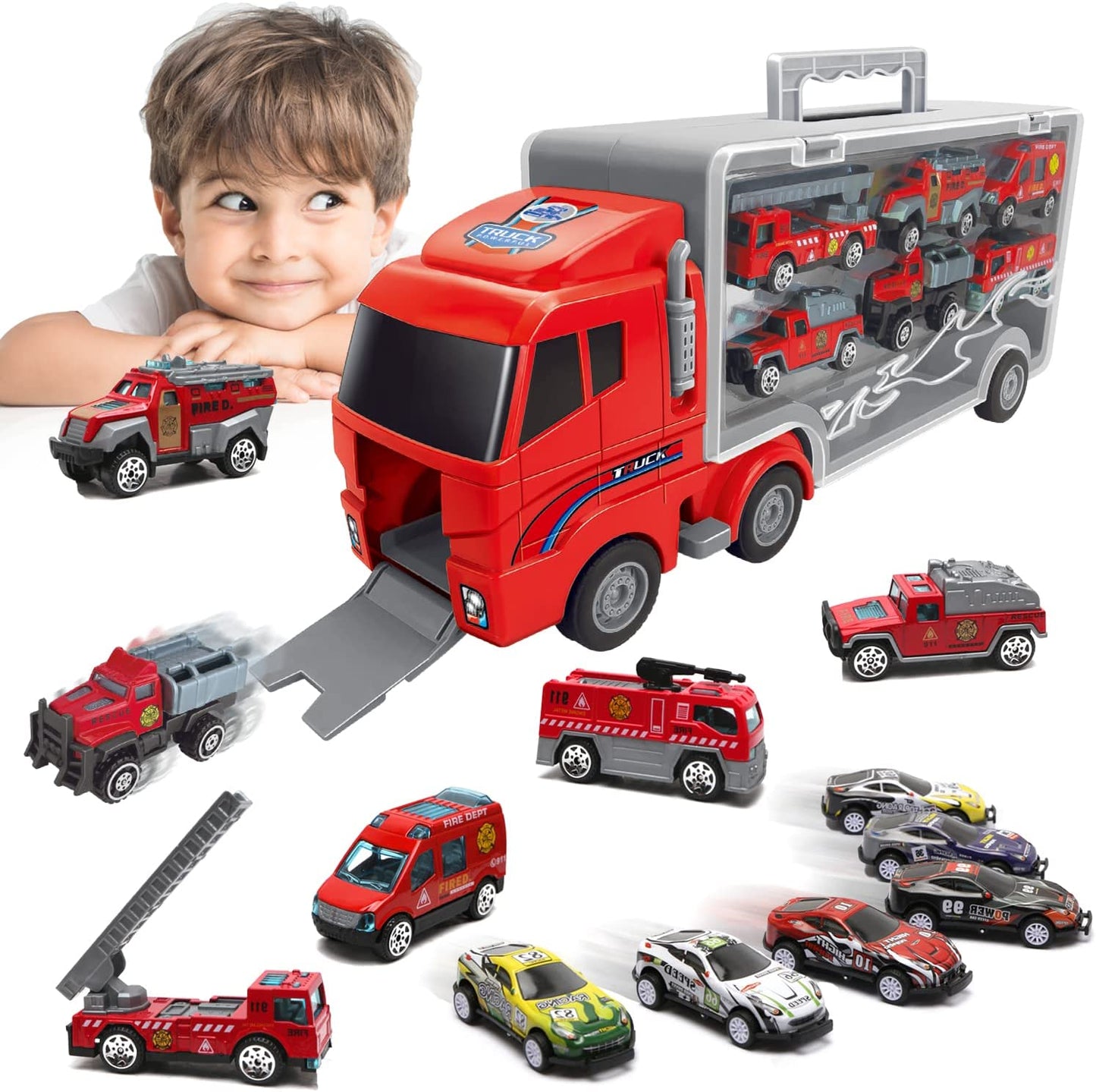 Kids Red Toys Car for Boys Truck 13 in 1 Large Transport Cars Carrier Set