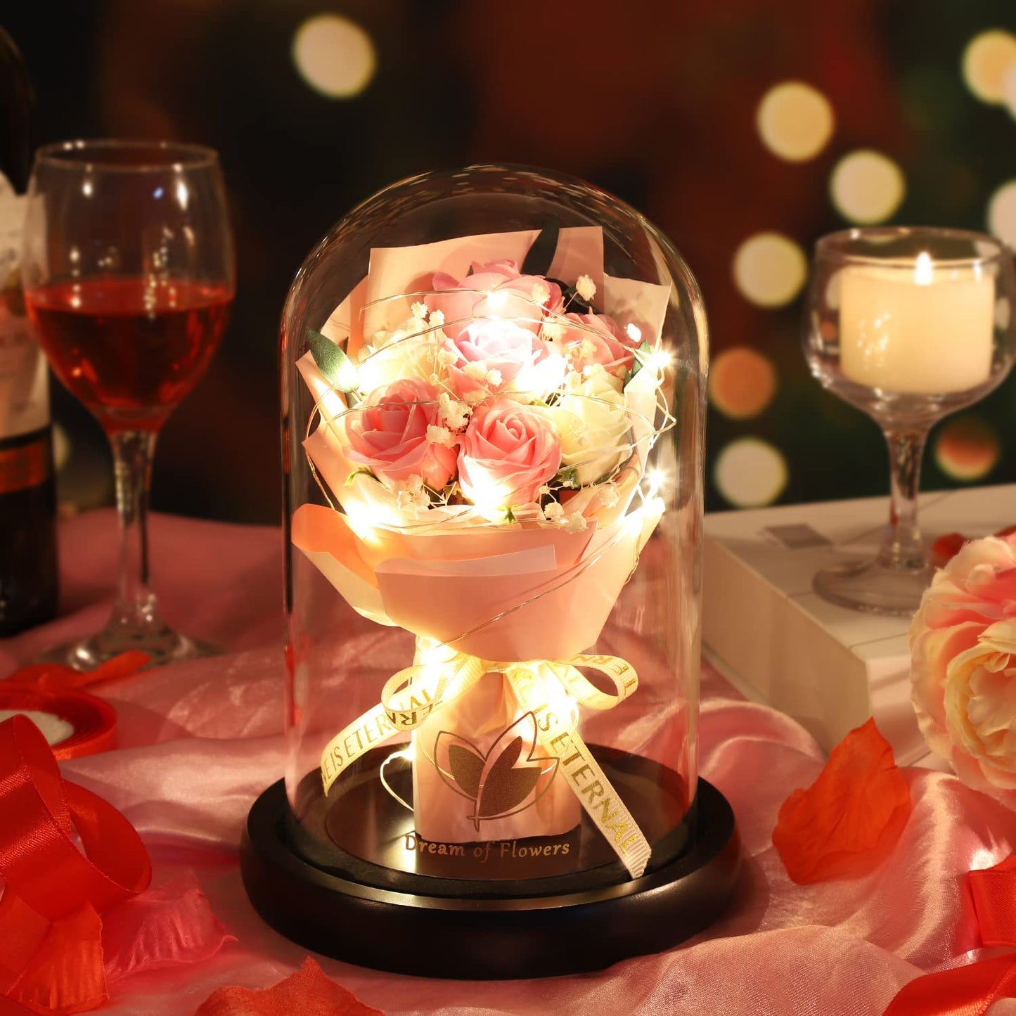 Valentines Gift Artificial Flower Rose, Light Up, Rose Flower in Glass Dome, Romantic Rose