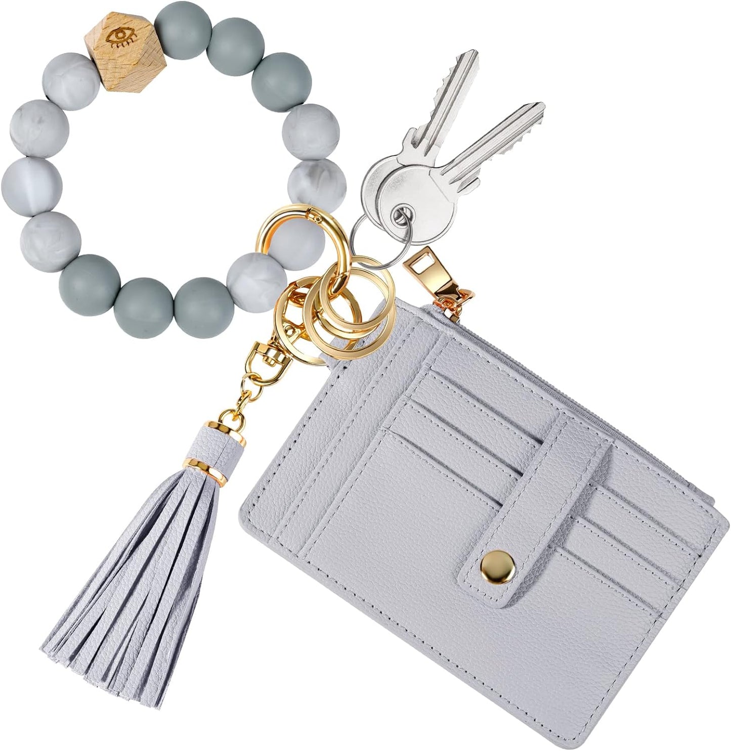 Valentine's Day Wristlet Bracelet Keychain Wallet for Women 9 Slots Credit Card Holder Tassel Purse with Gift Box (Grey)