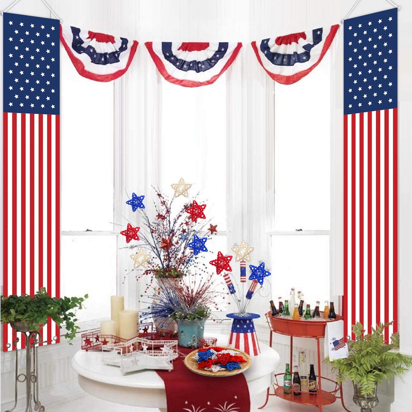 24 Pcs 4th of July Star Shaped Rattan Balls Decoration, 2.36 Inch Red White &Blue