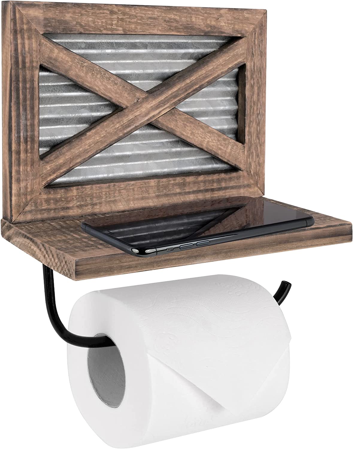 Farmhouse Toilet Paper Holder with Shelf - Rustic Brown Wood