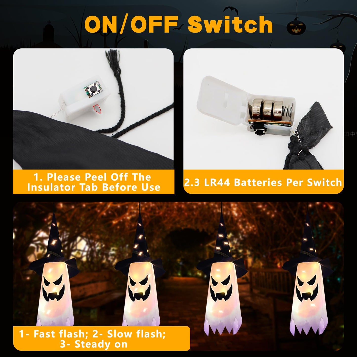 Hanging Outdoor String Lights Glowing Ghost Witch Hat Halloween  (4Pcs)