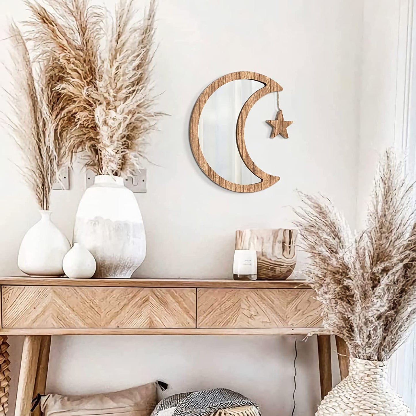 Boho Wall Decor Mirror 12.9 in Rustic Wood Moon Mirror w/ Real Glass, Carbonized Black