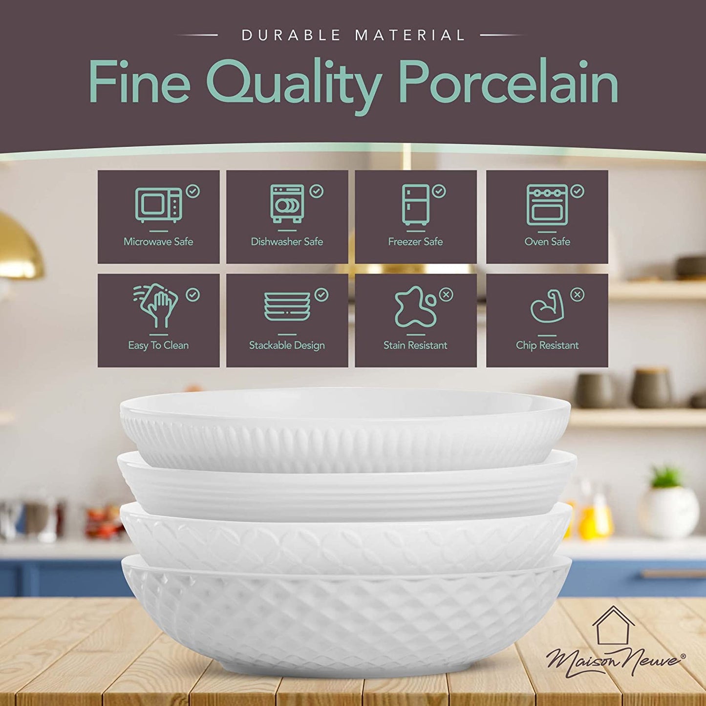 Premium Porcelain White Dinner Bowls [Set of 4]- 34oz -Textured White