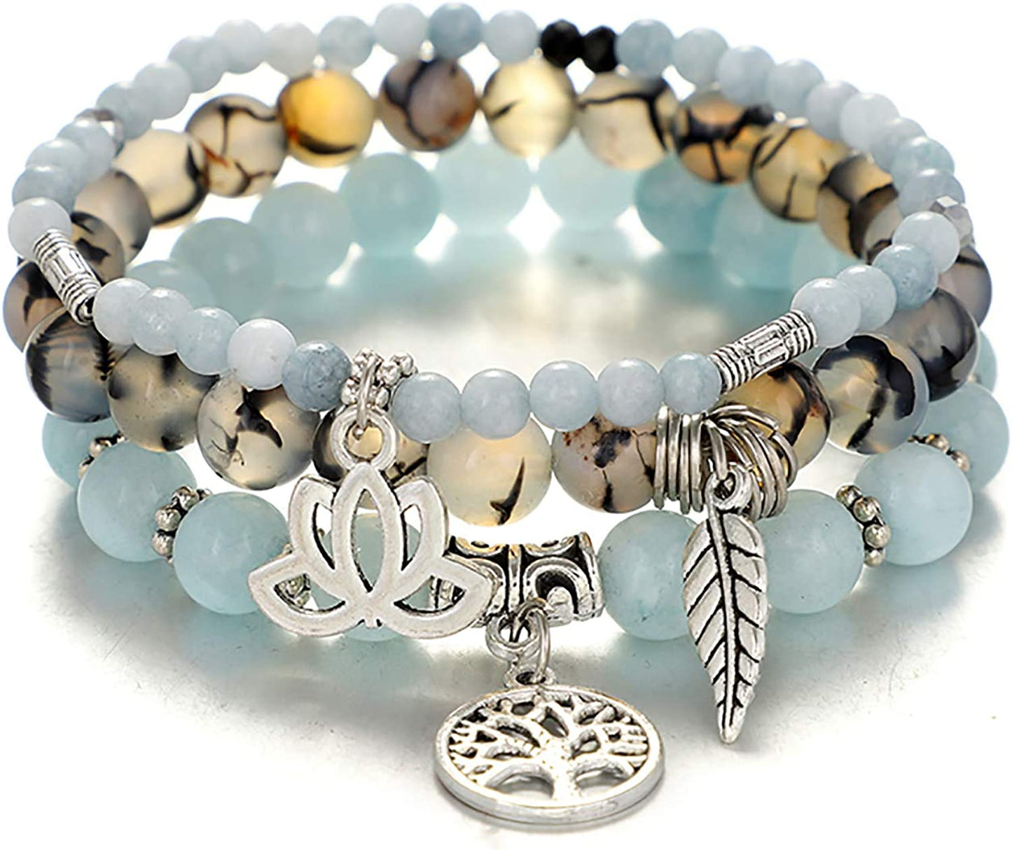 Tree of Life Yoga Healing Stone Bracelets, Multilayer Lotus Chakra, Aquamarine Dragon Pattern