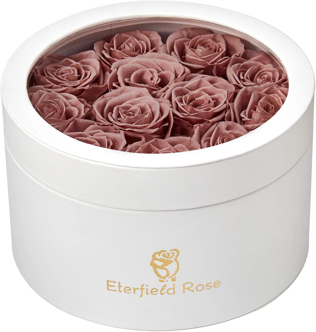 Preserved Roses That Last a Year Eternal Roses in a Box Real Rose w/o Fragrance Gift for Her (Dusty Pink Roses, Round White PU Leather Box)