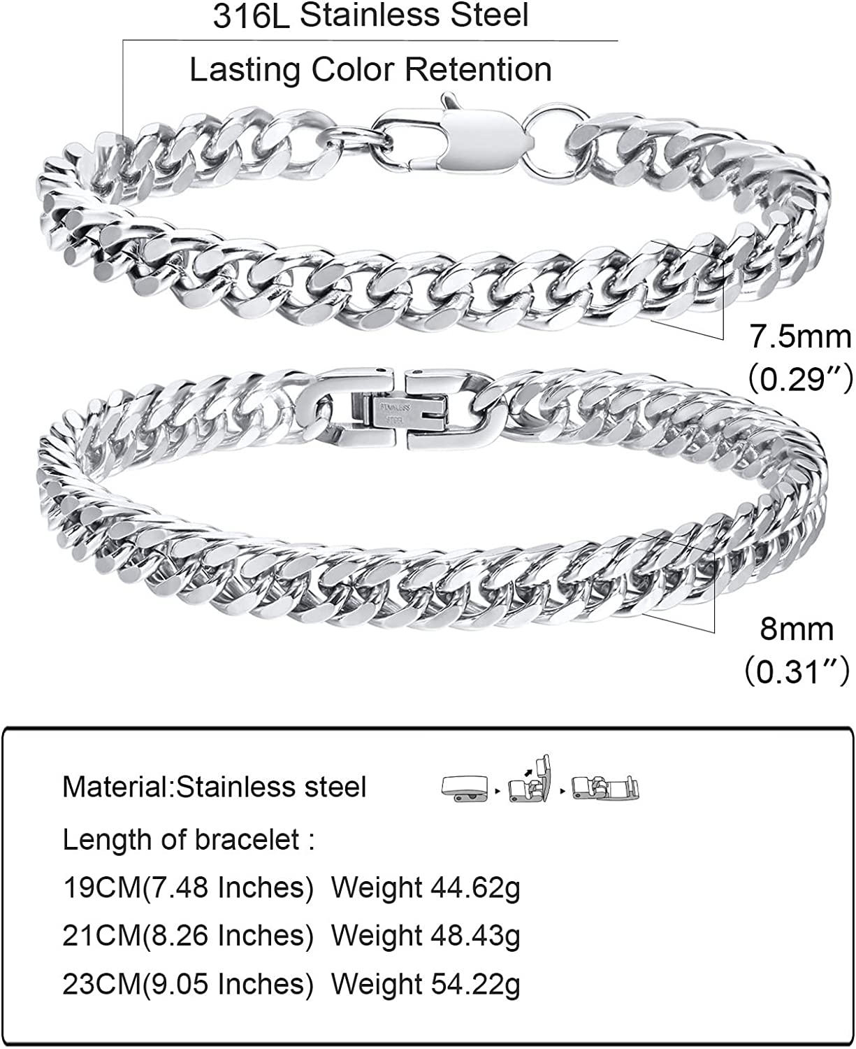 2Pcs Cuban Link Chain Bracelet- Sturdy Stainless Steel Curb Width for Men 7.4/8.2/9in, Silver