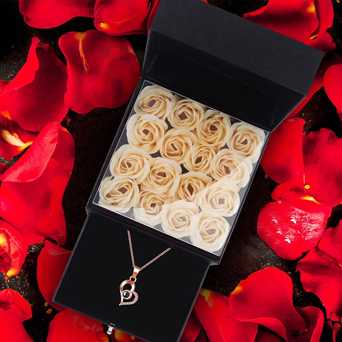 Eternal Preserved Rose, Handmade w/ Love You Necklace 100 Languages, Romantic Gifts for Mom/Wife