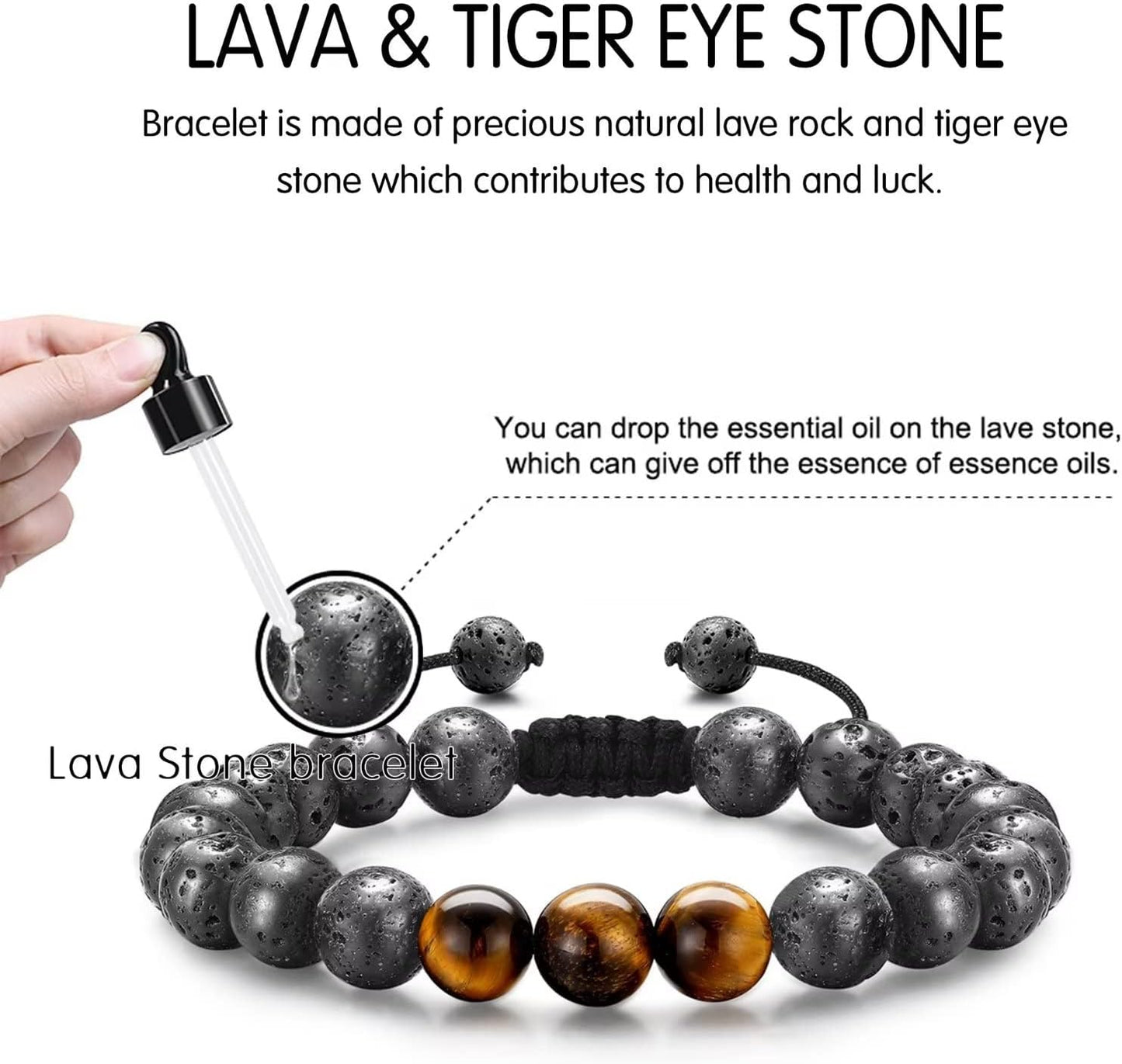 Christmas Gifts for Men Teen Boys - 8mm Tiger Eye Lava Rock Stone Beaded Bracelets for Men Initial Link Handmade Obsidian Mens Bracelet Personalized Birthday Christmas Gift for Husband Dad Boyfriend