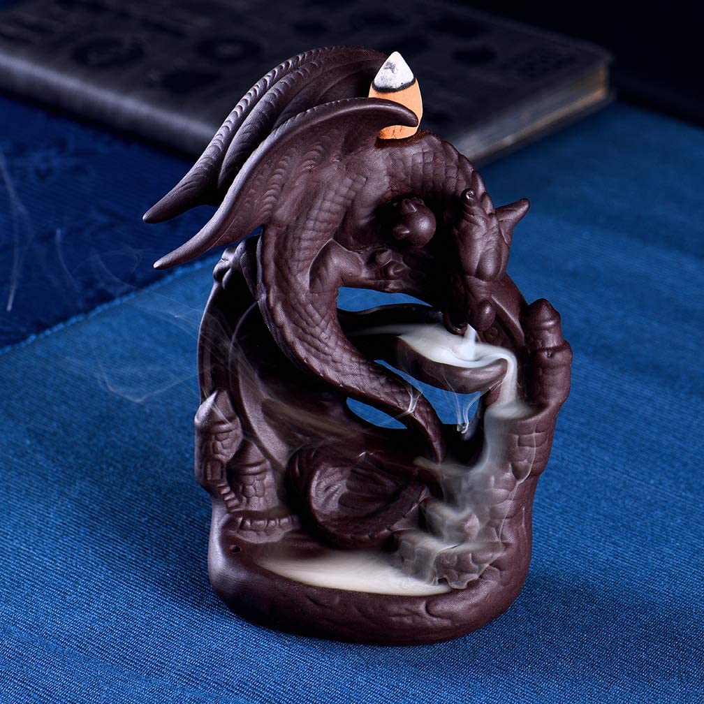 Ceramic Dragon Incense Burner w/ 100 Cones Waterfall Back flow Holder