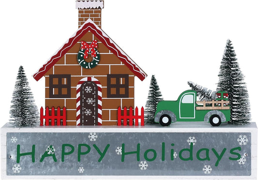 Christmas Decorations Indoor for Home, Happy Holidays Wood Block with Gingerbread House Tree Truck Christmas Decor, Decorative Colorful Snowflake Xmas Decor for Fireplace Tabletop Party