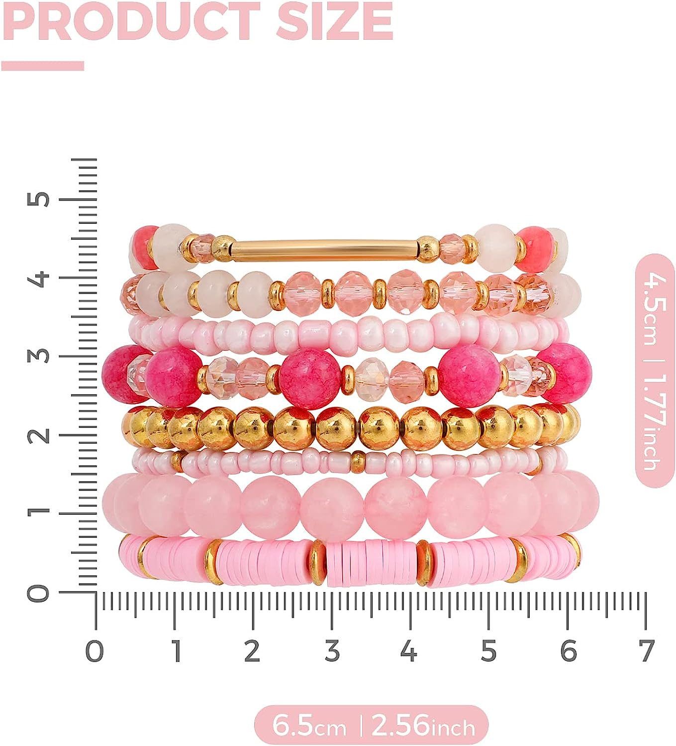 Pink Bracelets Bohemian Multi-Layer Beaded Stacking,8 Pcs Versatile Strand Stretch Sparkly Crystal Beads