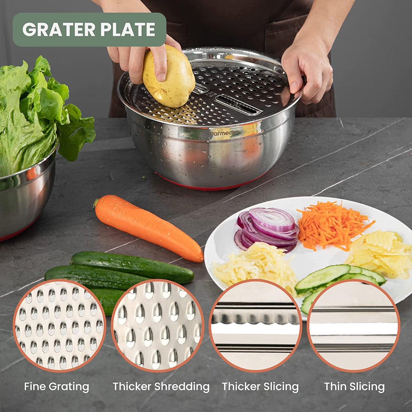 5-in-1 Multifunction Large 304 Stainless Steel Mixing Bowl Set, 3 Deep Nesting Salad Bowls Size 4QT, 3QT, 2.5QT & Colander & Grater