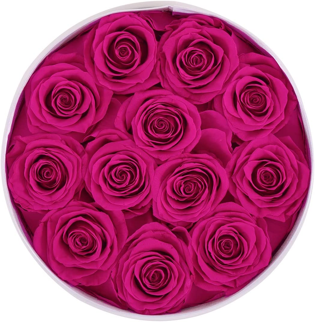 Eternal Rose in a Box Real Rose Without Fragrance Gift for Her (12 Hot Pink Roses, Round White PU Leather Box)