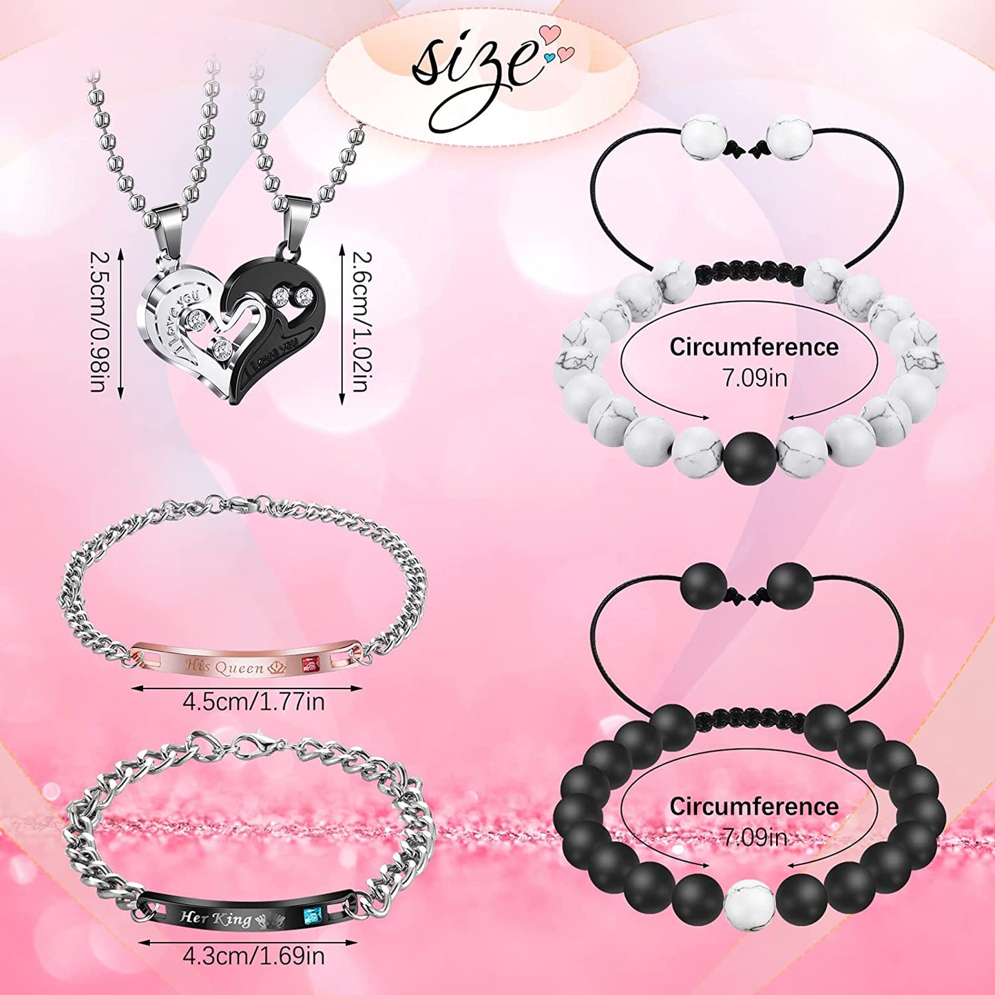 8 Pieces Couples Necklace Bracelet Set, Her King His Queen I Love You Heart, Delicate Style