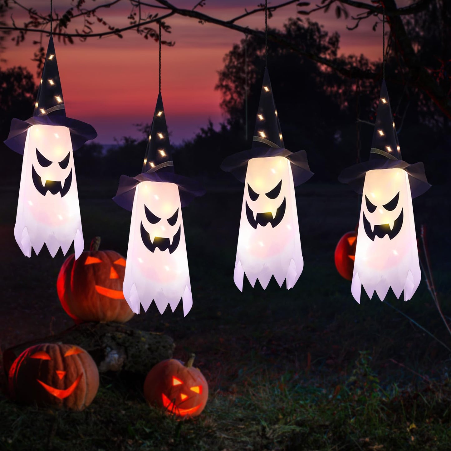 Hanging Outdoor String Lights Glowing Ghost Witch Hat Halloween  (4Pcs)