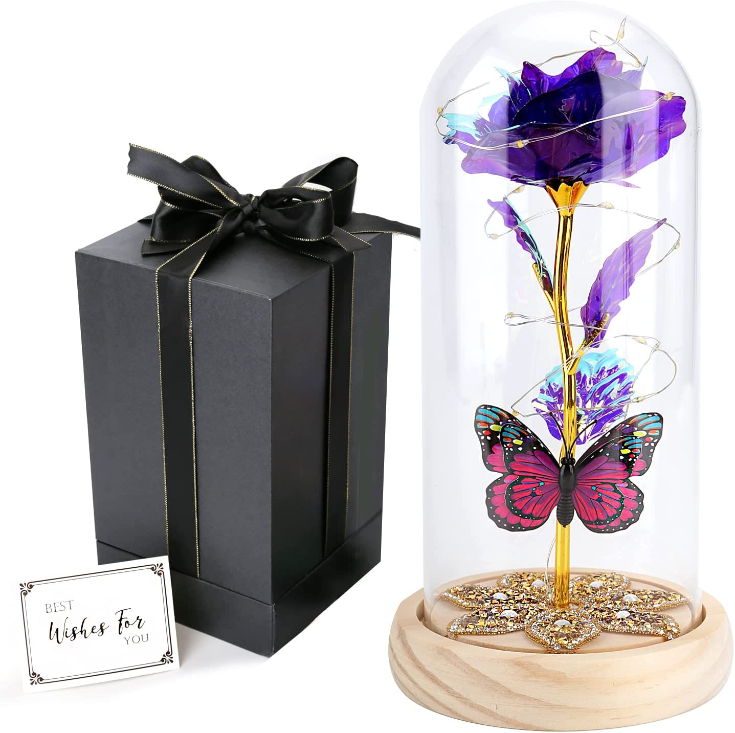 Beauty and The Beast Rose Light Up Rose Gift w/ Butterfly in Glass Dome (Purple)