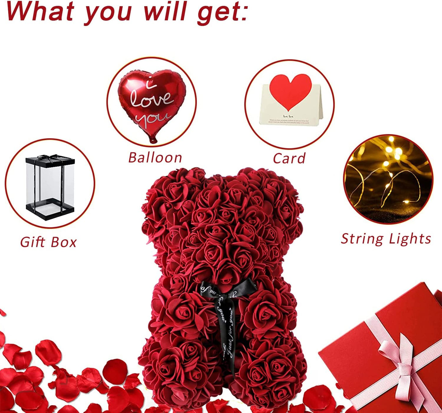 Rose Bear Valentines Day Flower Teddy Bear w/ Box Lights Balloon Card, Wine Red