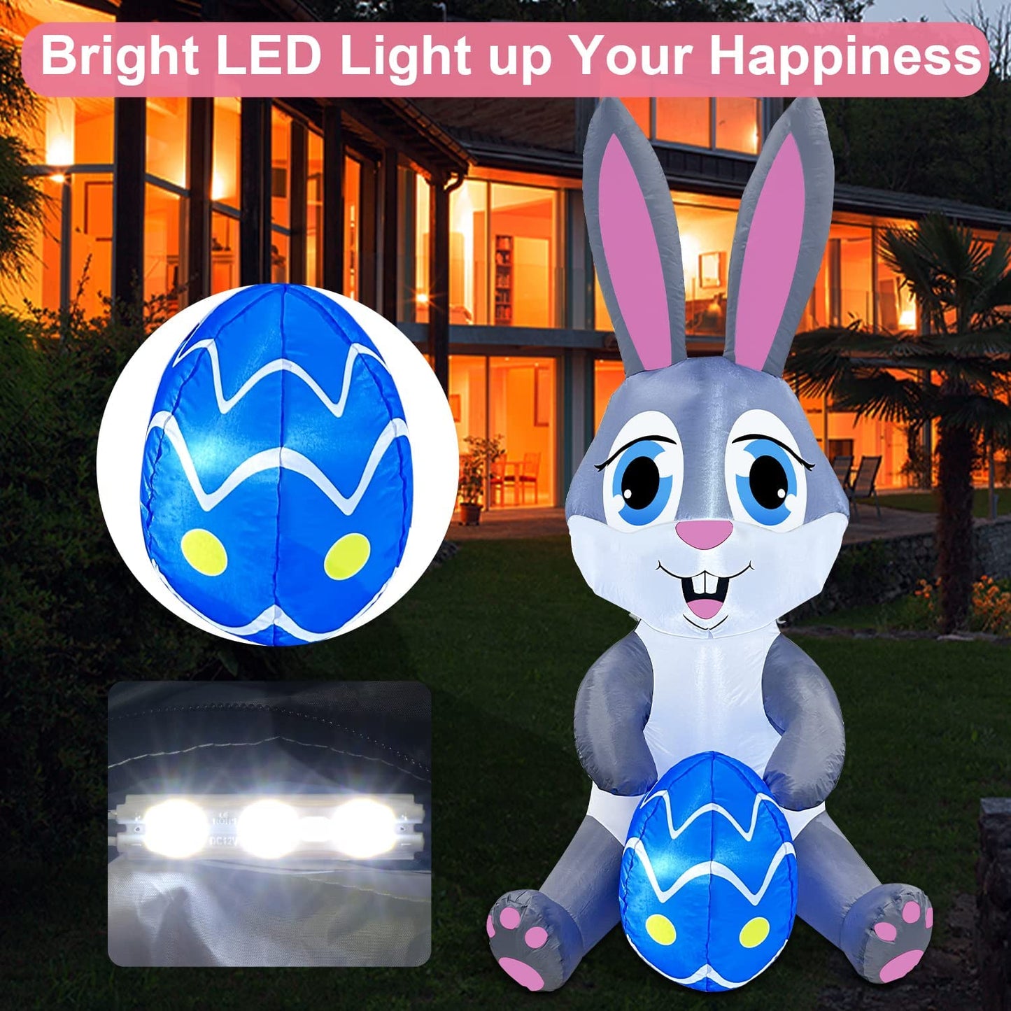 5FT Easter Inflatables Bunny Decorations with Bright Led Lights & Sandbags Stakes Strings