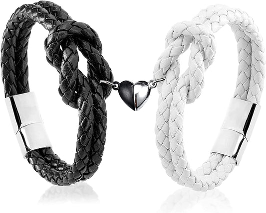 Love Celtic Knot Leather Knot Cuff Bracelet Magnetic Couple Bangle Black White