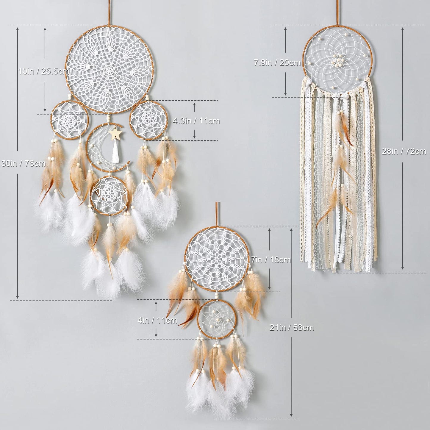 5 Pack Dream Catcher Moon and Sun Design Boho Wall Hanging Decor Handmade Traditional Feathers