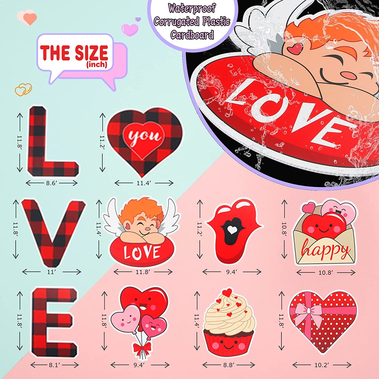 Valentine's Day Decorations Yard Signs with Stakes, (10 Piece Large Set)