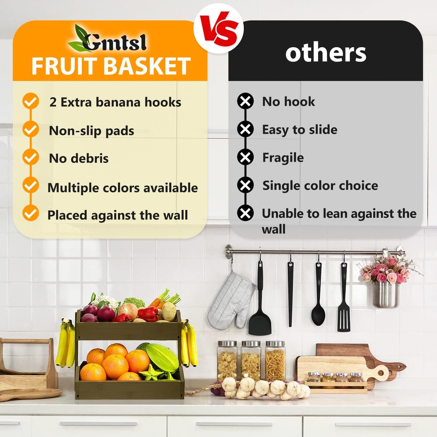 Bamboo Fruit Basket w/ 2 Tier Fruit Bowl For Kitchen Counter, Large Capacity w/ 2 Banana Hangers (BLACK)