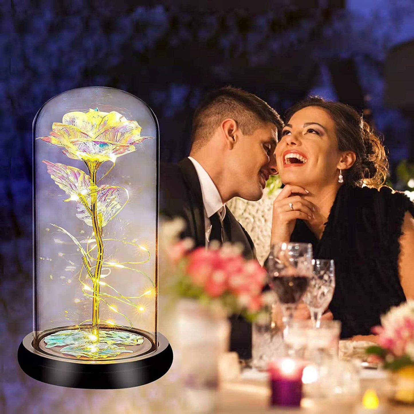 Galaxy Flower Rose Gifts, Artificial Flower Rose w/ LED Flowers in Glass Dome