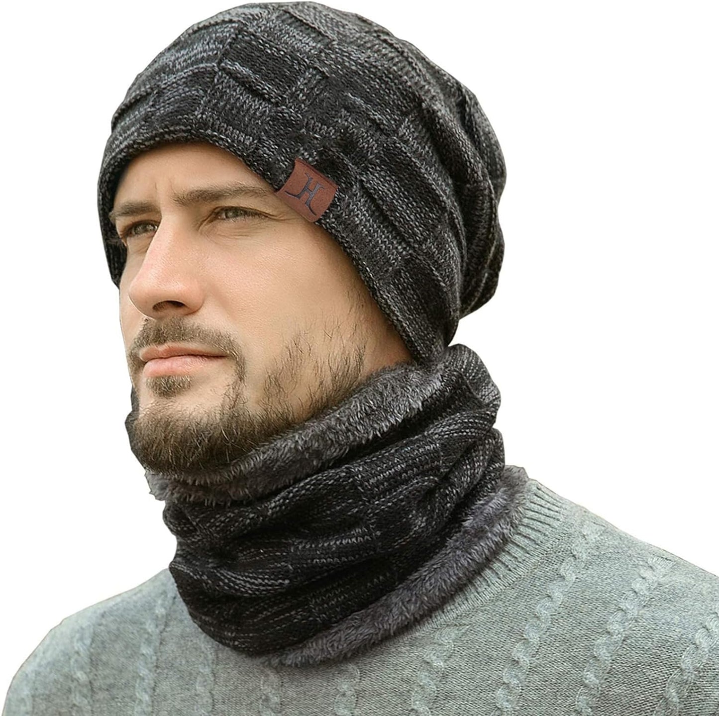 Mens Winter Hats Scarf Set Warm Knit Hats Skull Cap Neck Warmer with Thick Fleece Lined Winter Hat & Scarf for Women