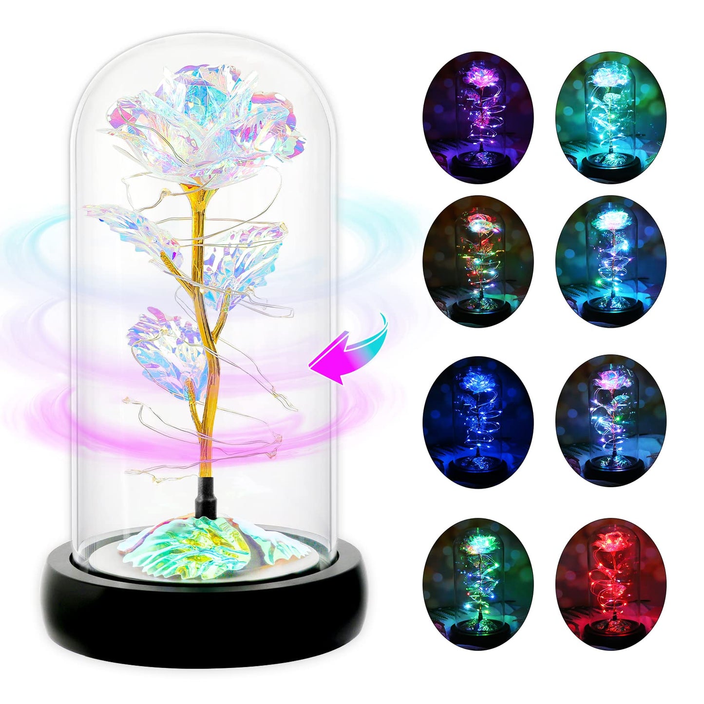 Rotating Romantic Roses Light Up Rose in Glass Dome, Spinning Colorful Artificial Rose Flower Gifts for Her