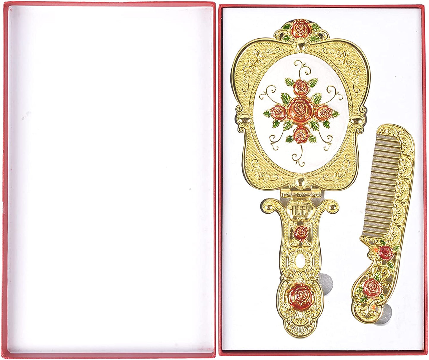 Antique Mirror Comb Set Vintage Metal Handheld Makeup Mirror w/ a Comb Russian Style Embossed Rose Foldable Gold-1