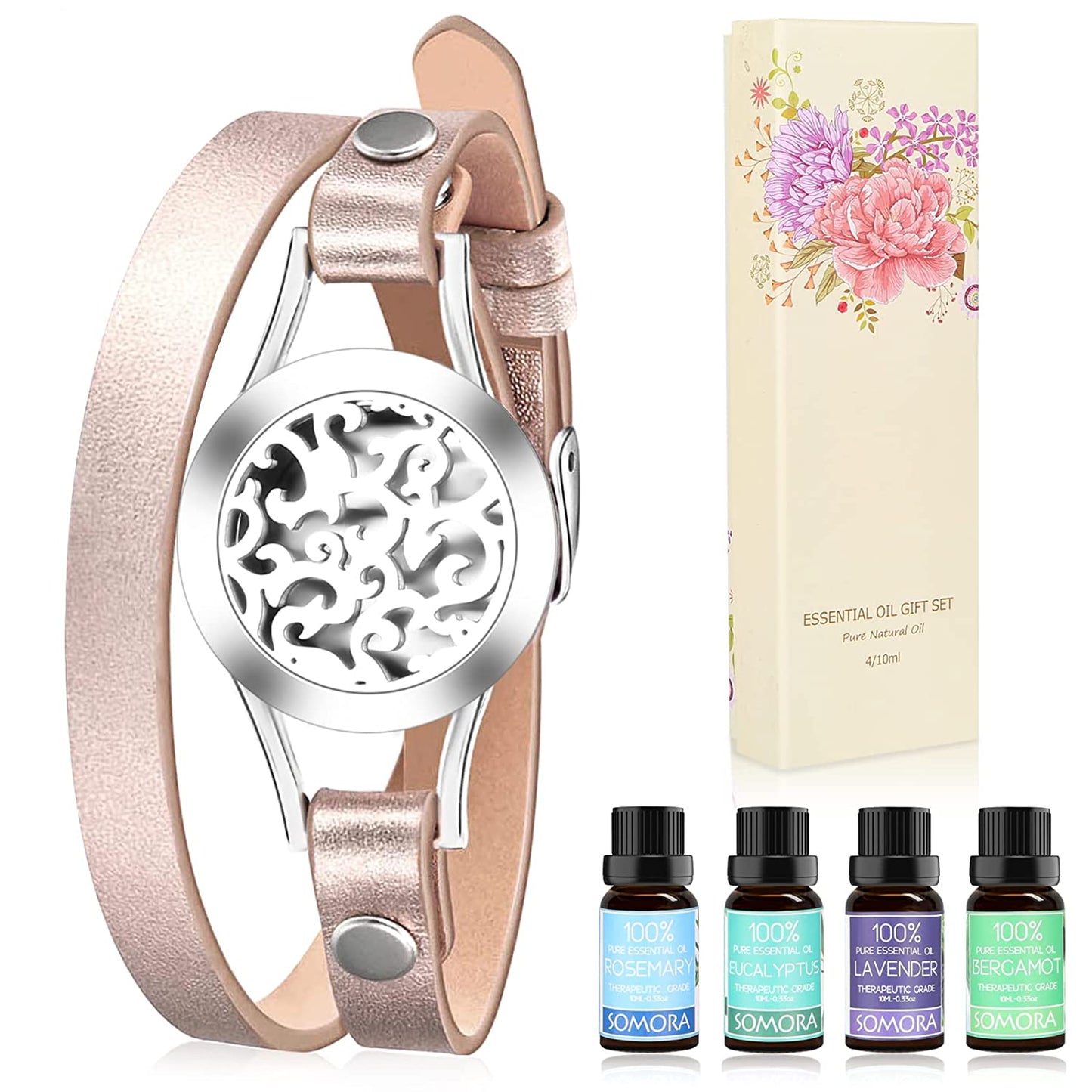 Aromatherapy Essential Oil Diffuser Gold Bracelet Gift Set w/ Oils