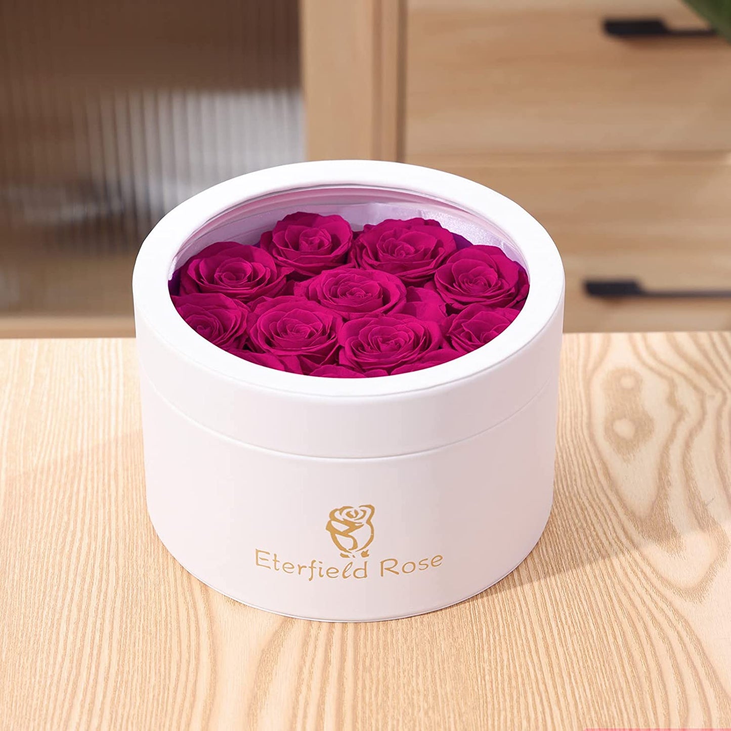 Eternal Rose in a Box Real Rose Without Fragrance Gift for Her (12 Hot Pink Roses, Round White PU Leather Box)