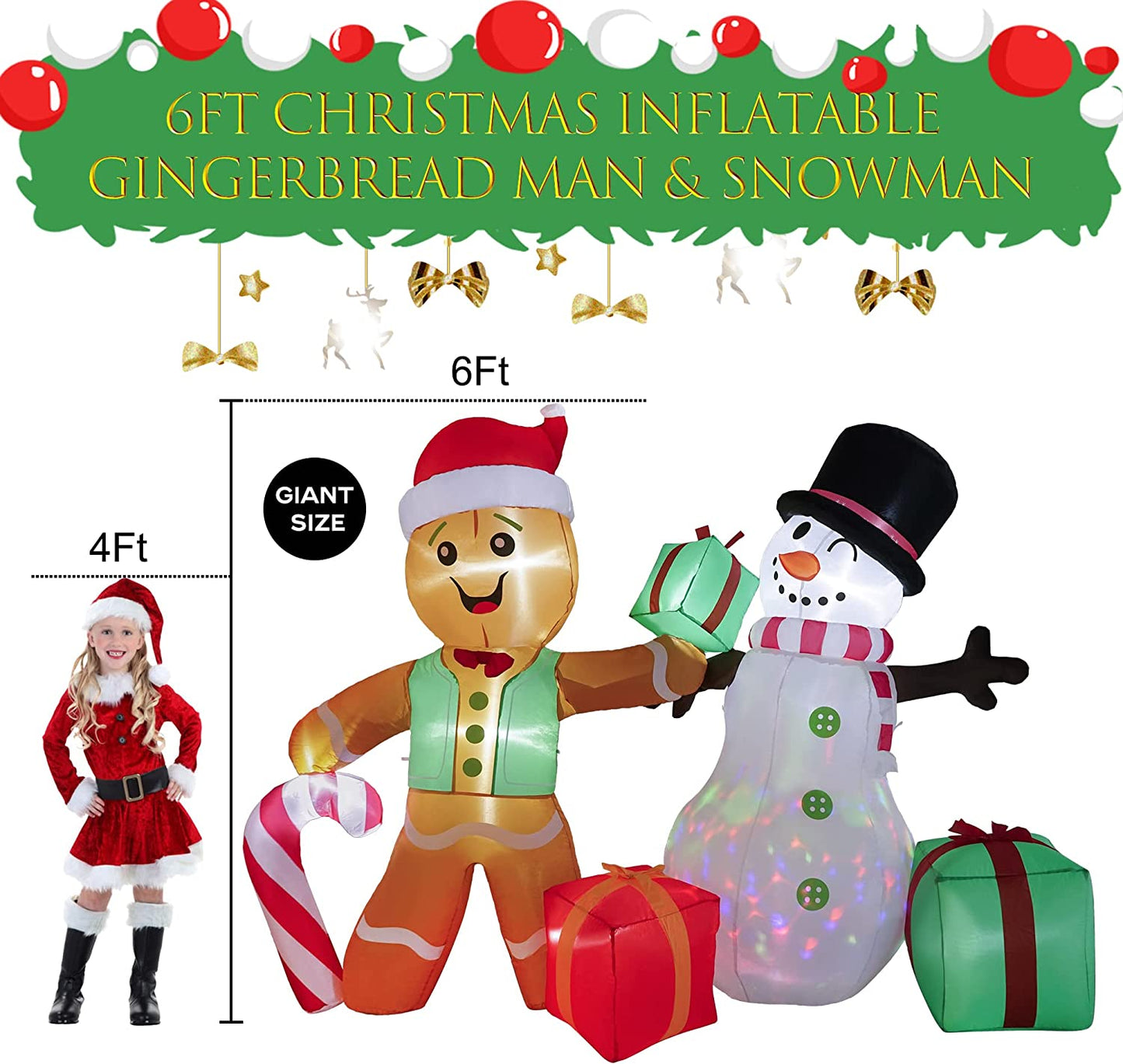 6 FT Christmas Inflatables Gingerbread Man & Snowman w/ LEDs