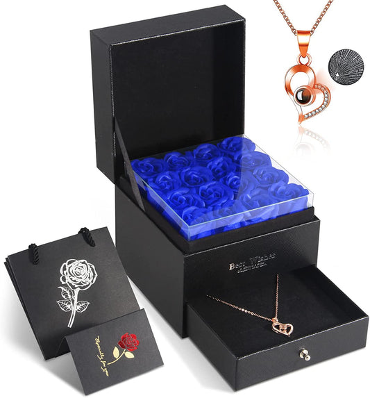 Eternal Preserved Rose, Handmade Box w/ Love You Necklace 100 Languages, Blue