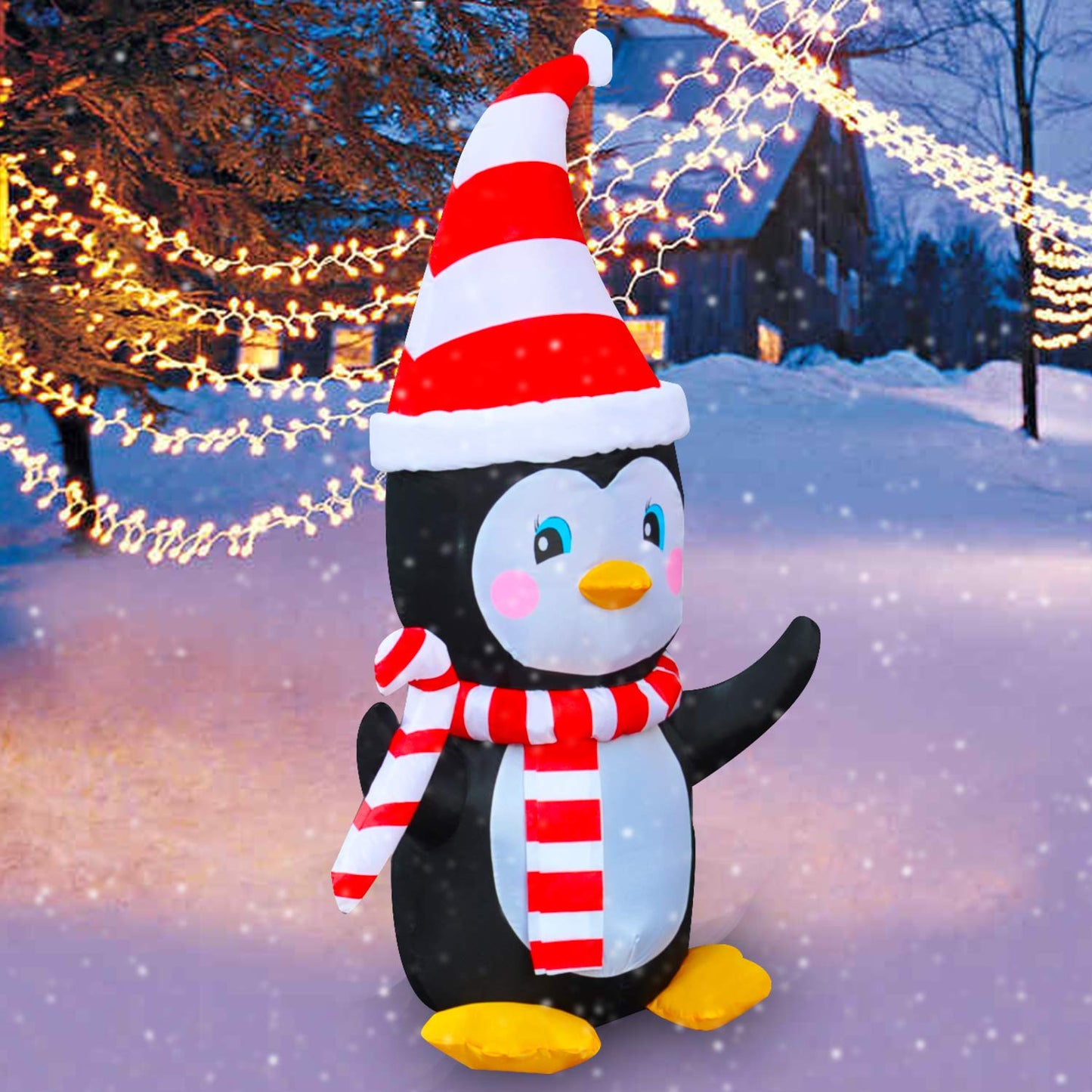 4 Ft LED Light Up Inflatable Christmas Penguin with Scarf & Candy Decoration for Yard Lawn Garden Home Party