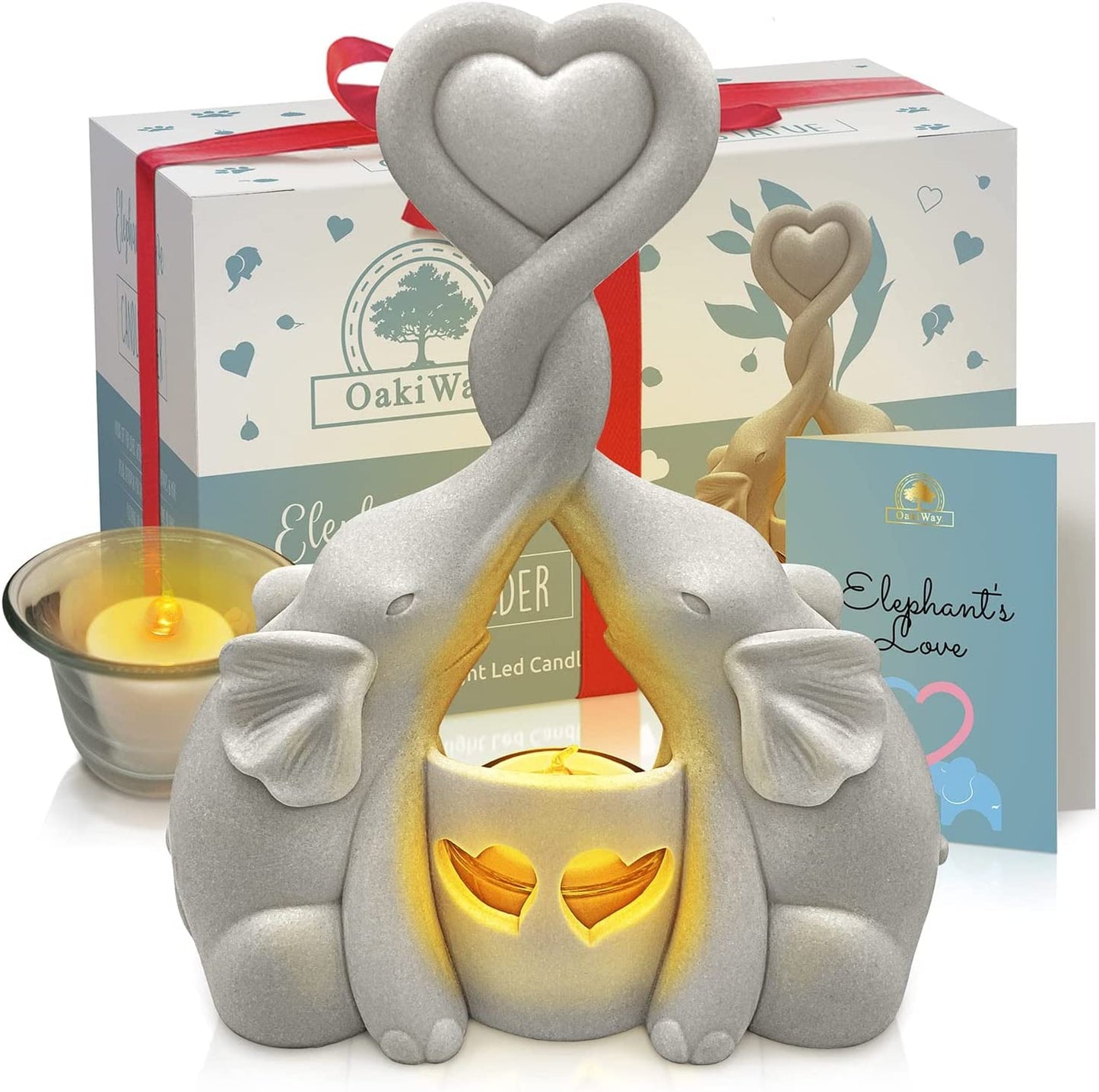 Anniversary & Valentines Day Gifts - Elephants Love Candle Holder Statue W/ Flickering LED