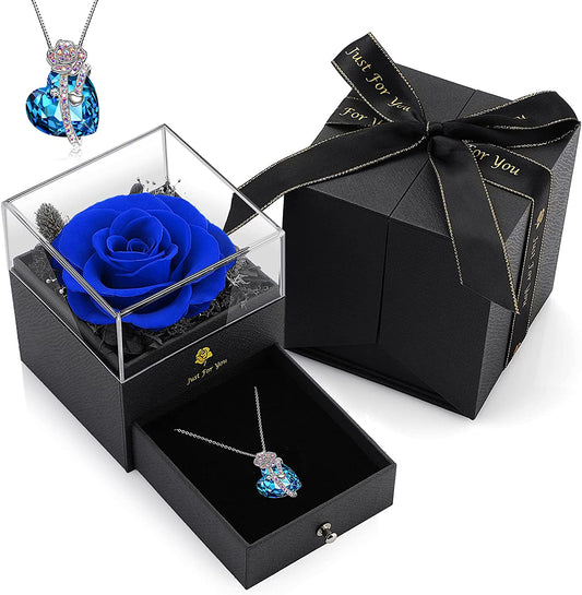 Preserved Blue Real Rose Gift with Austria Crystal Necklace for Valentines Gift for Women